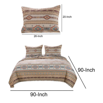 Full Size 3 Piece Polyester Quilt Set with Kilim Pattern, Multicolor - View 4