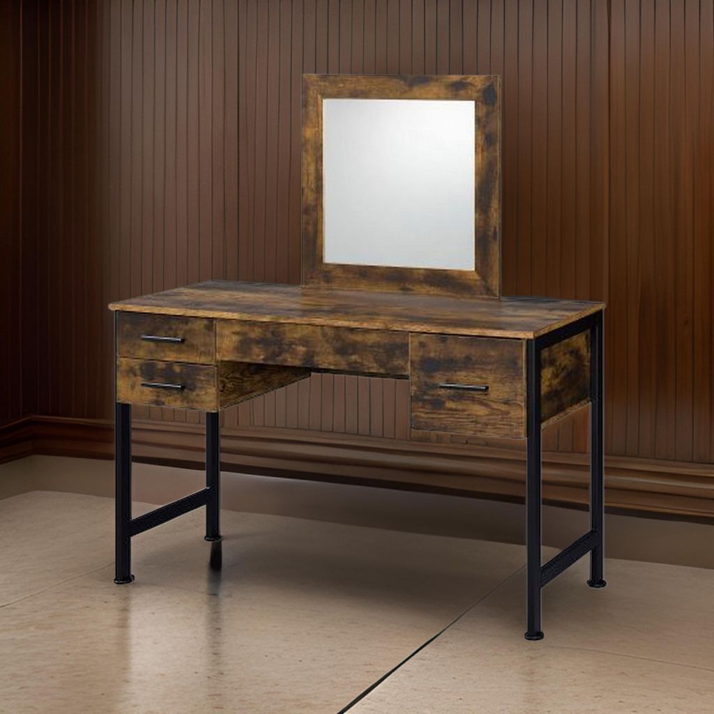 Vanity Desk with 4 Drawers and Square Mirror, Brown and Black - View 7