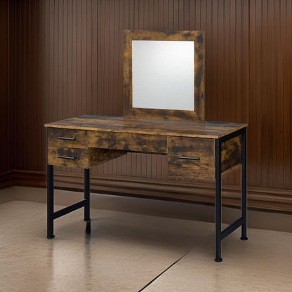 Vanity Desk with 4 Drawers and Square Mirror, Brown and Black - View 7
