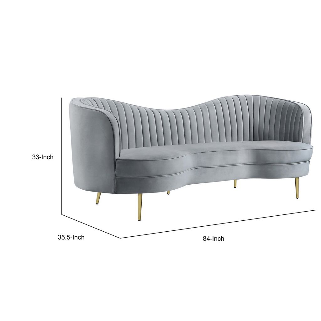 Enzo 84 Inch Modern Sofa, Curved Kidney Shape, Channel Tufted, Gray, Gold - View 5