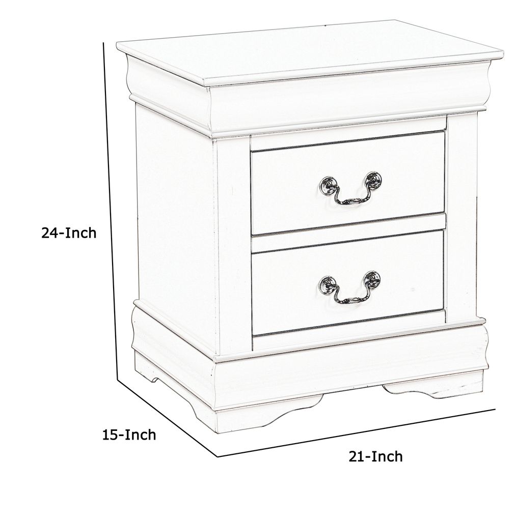 2 Drawer Wooden Nightstand with Metal Hanging Pulls and Bracket Feet, White - View 5