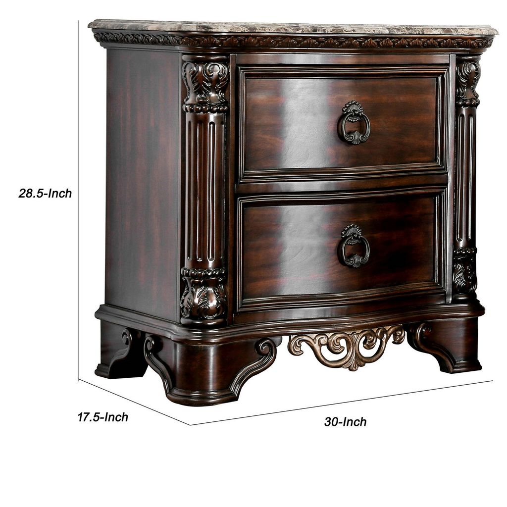 30 Inch Nightstand with 2 Drawers, Classic Marble Top, Ornate Pilasters, Dark Cherry Brown - View 6