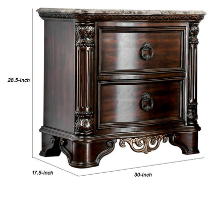 30 Inch Nightstand with 2 Drawers, Classic Marble Top, Ornate Pilasters, Dark Cherry Brown - View 6