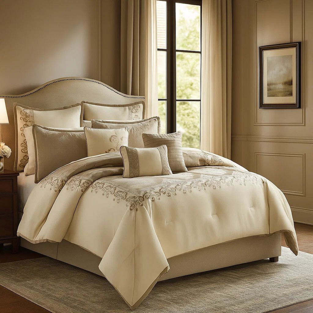 10 Piece King Polyester Comforter Set with Damask Print, Cream and Gold - View 7