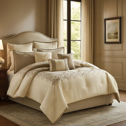 10 Piece King Polyester Comforter Set with Damask Print, Cream and Gold - View 7
