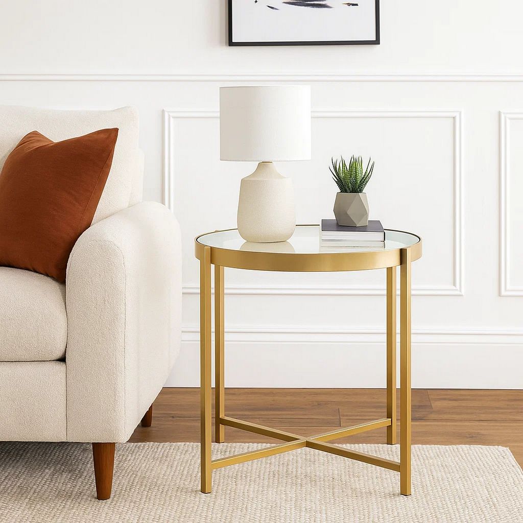 End Table with Round Glass Top and Metal Frame, Gold - View 7