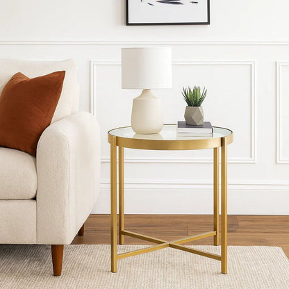 End Table with Round Glass Top and Metal Frame, Gold - View 7