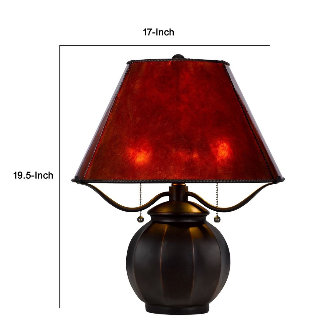 20 Inch Table Lamp, Vintage Red Amber Mica Shade, Upturned Arms, Round Body - View 5