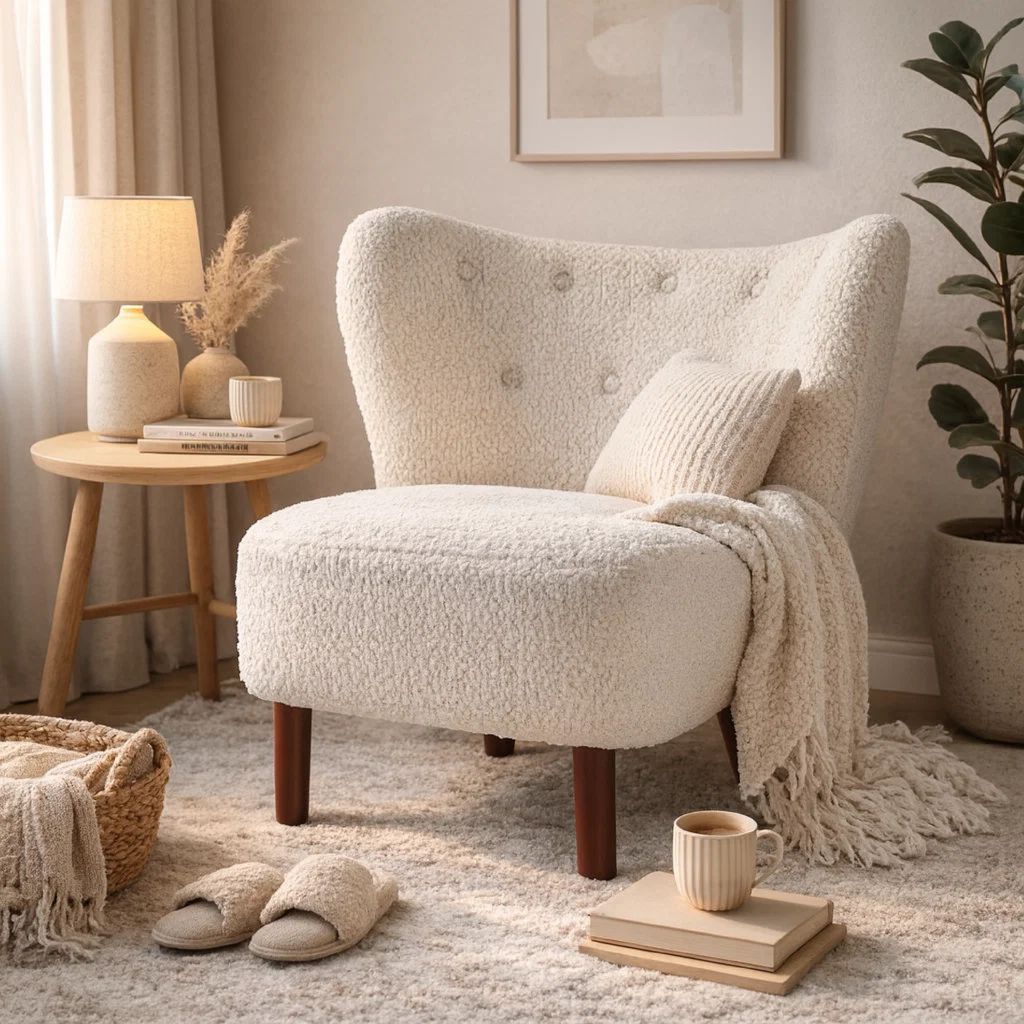 34 Inch Modern Tufted Wingback Accent Chair, Teddy Sherpa Fabric, White - View 7