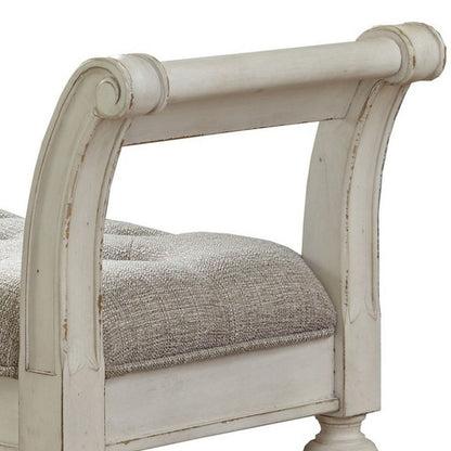 46 Inches Tufted Fabric Padded Wooden Accent Bench, Antique White - View 4