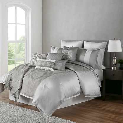 12 Piece Queen Polyester Comforter Set with Medallion Print, Platinum Gray - View 7