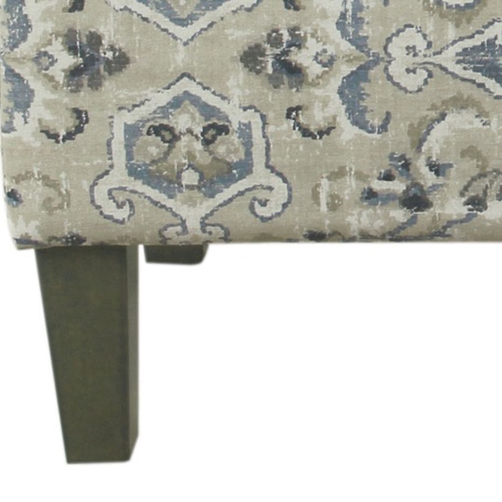 Medallion Print Fabric Upholstered Wooden Bench With Hinged Storage, Large, Blue and Cream - View 3