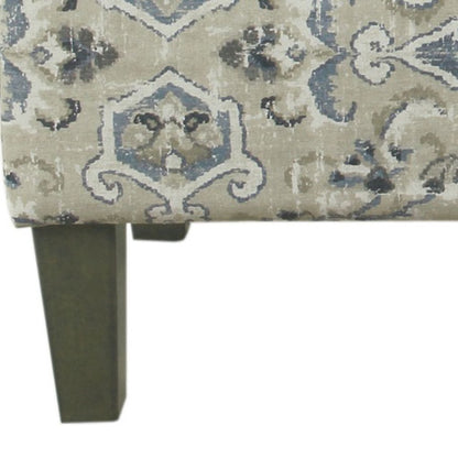 Medallion Print Fabric Upholstered Wooden Bench With Hinged Storage, Large, Blue and Cream - View 3