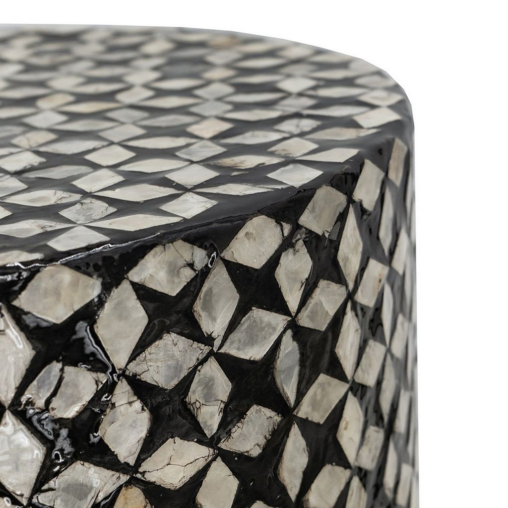20 Inch Capiz Accent Stool Table, Cylindrical Geometric, Silver, Black - View 4