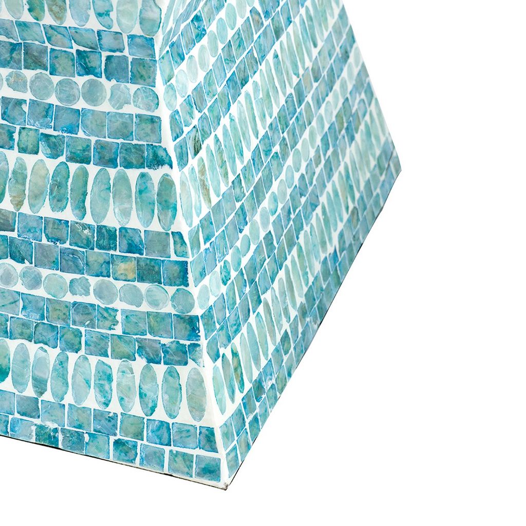14 Inch Capiz Accent Table Stool, Blue Mosaic Geometric Hourglass Shape - View 4