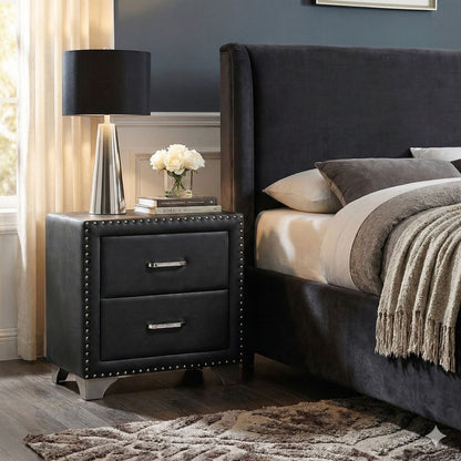 Cale 26 Inch Modern Glam Wood Nightstand, Nailhead, Gray Velvet Upholstered - View 7