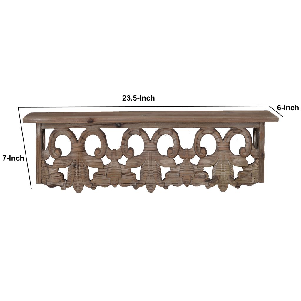 23.5 Inches Wooden Wall Shelf with Scrollwork, Small, Brown - View 6