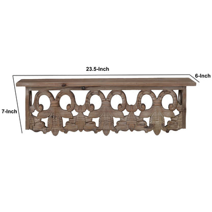 23.5 Inches Wooden Wall Shelf with Scrollwork, Small, Brown - View 6