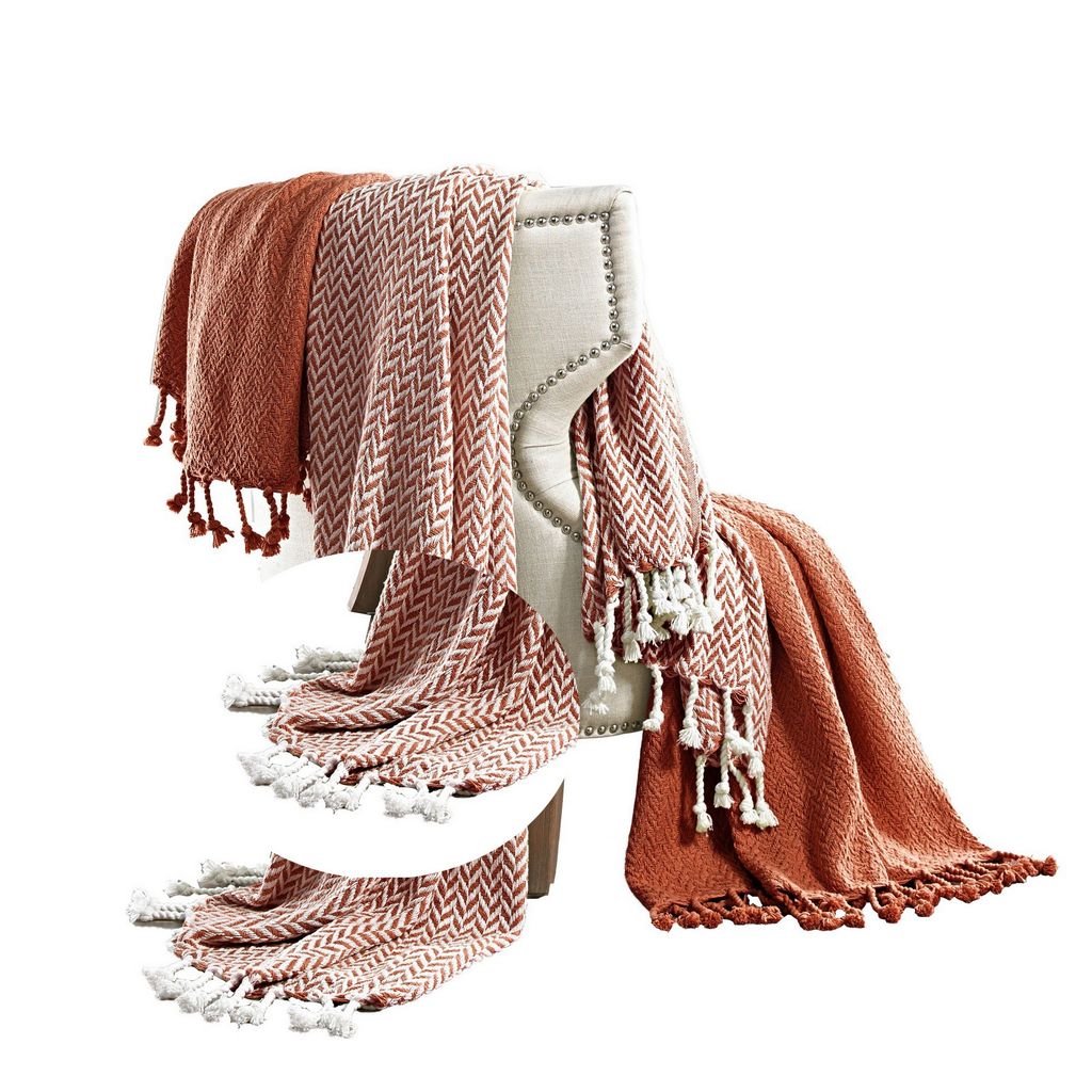 Calabria Herringbone Cotton Throw The Urban Port, Set of 2, Red and White - View 4