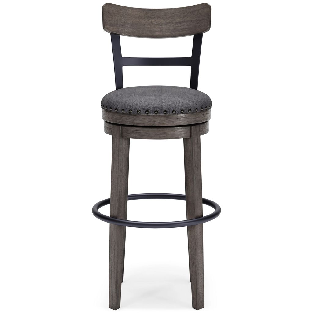 Swivel Barstool with Nailhead Trim and Curved Panel Back, Tall, Gray - View 3