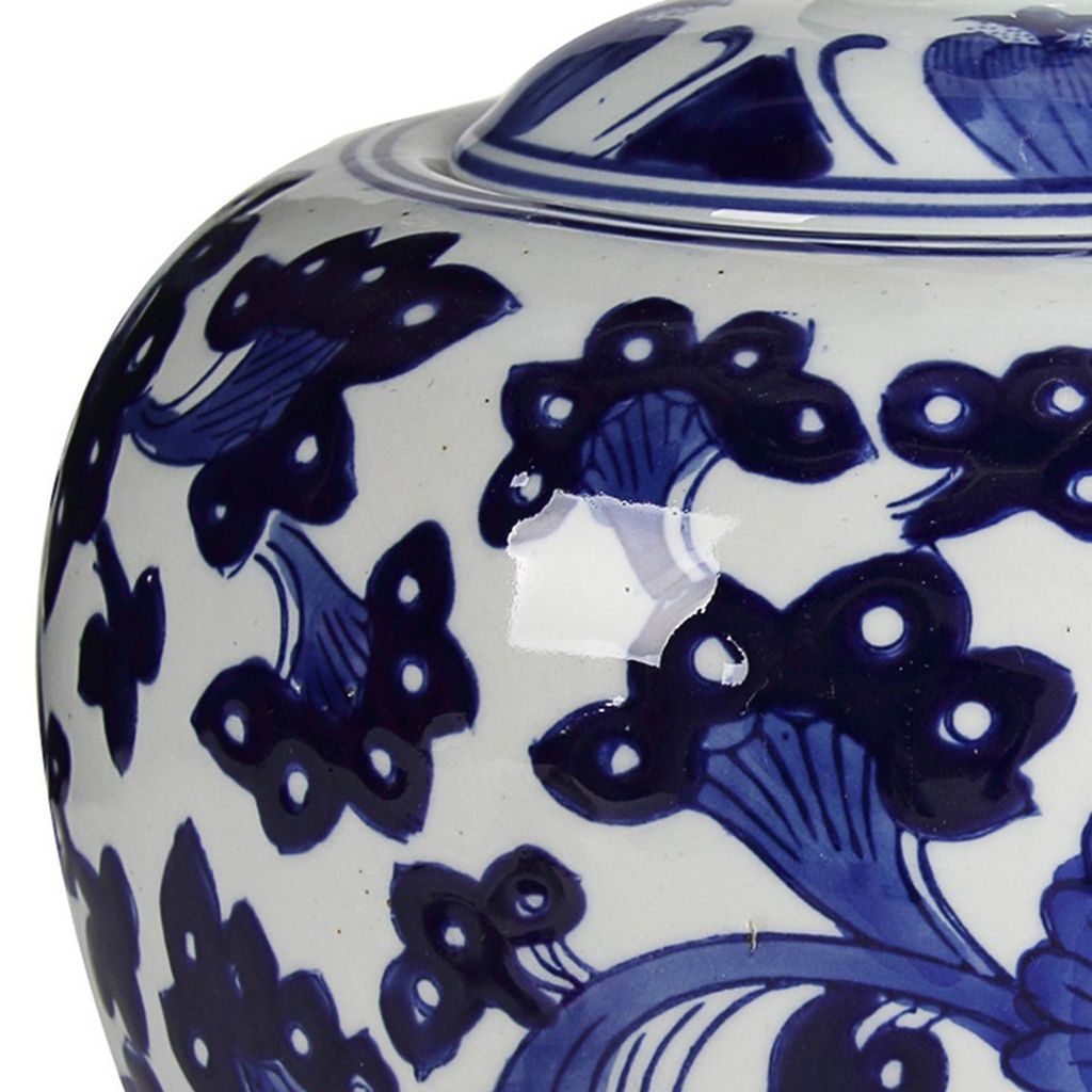 10 Inch Lidded Jar, Round Persian Floral Print, Blue and White Porcelain - View 3