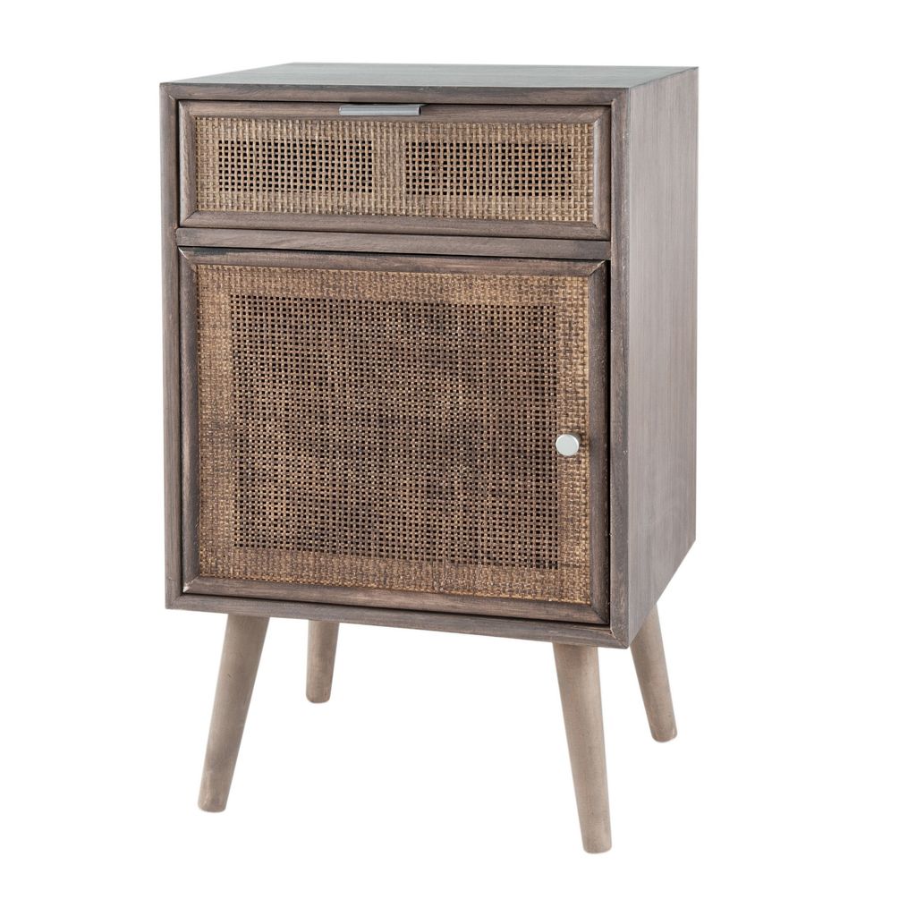 Pia 28 Inch Accent Cabinet, 1 Drawer, Pine Wood, Woven Rattan Door, Brown
