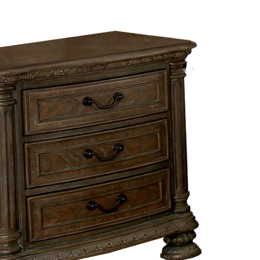 Wooden Nightstand with 3 Drawers and Intricate Carving Details, Brown - View 4