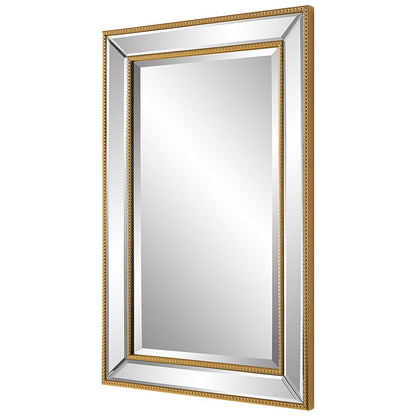 32 Inch Wood Wall Mirror, Beveled Mirror Frame, Gold - View 3