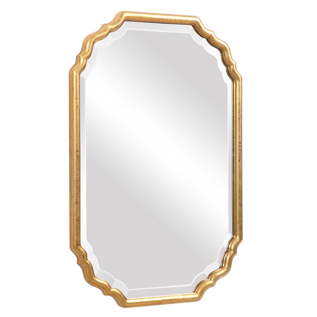 32 Inches Curved Design Wooden Vanity Mirror, Gold - View 3