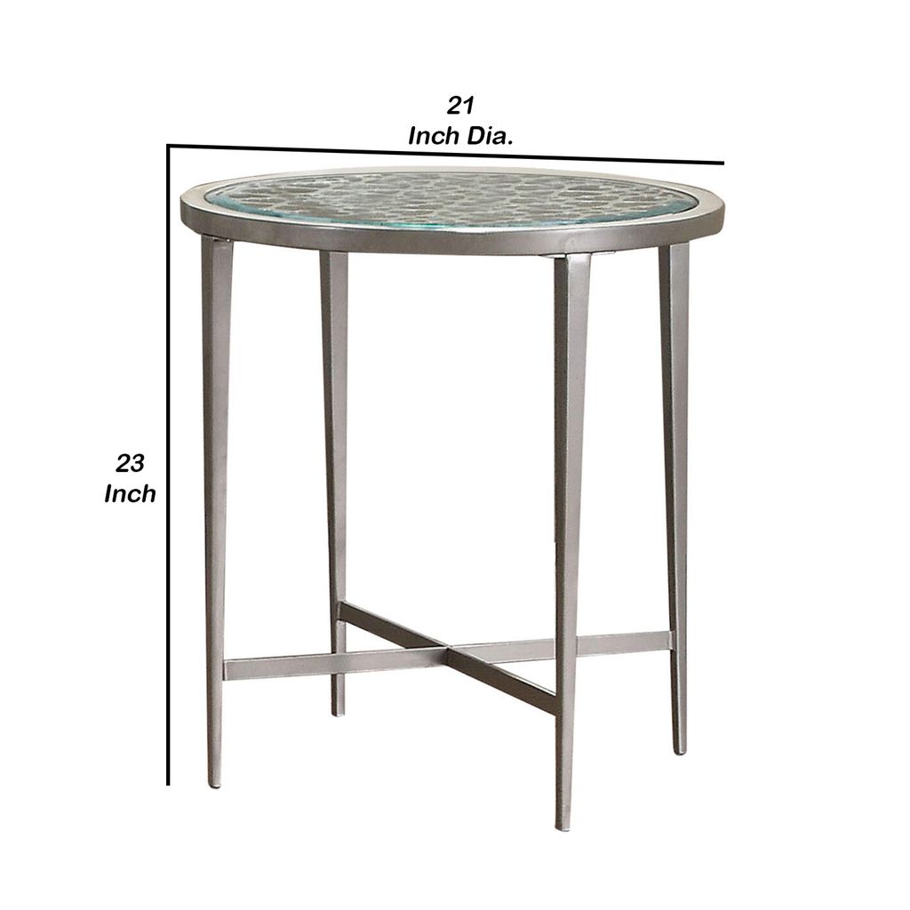 Round Glass Top Metal End Table with Sleek Tapered Legs, Silver - View 6