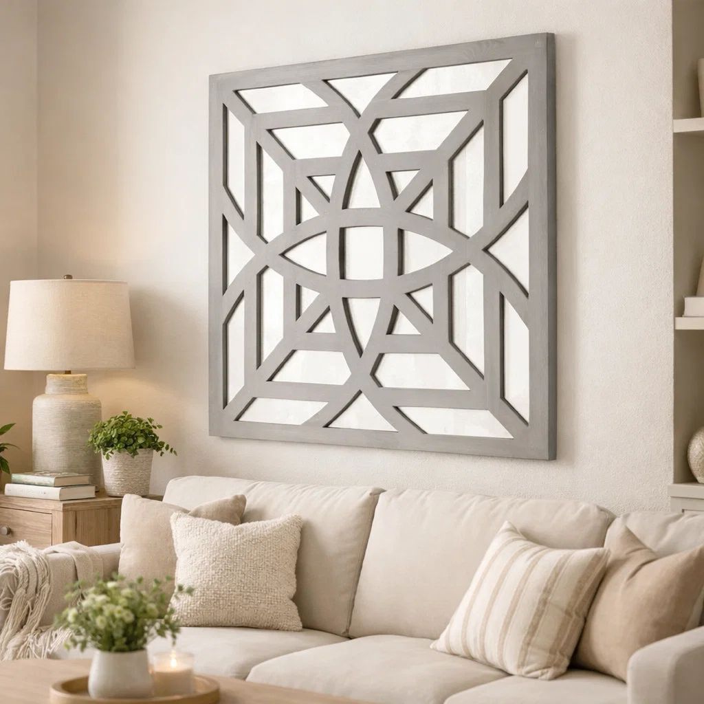 23 x 23 Mirrored Wall Decor Set of 2 with Geometric Wood Cut Out, Gray - View 7