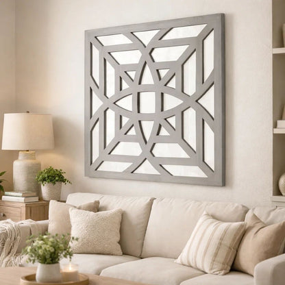 23 x 23 Mirrored Wall Decor Set of 2 with Geometric Wood Cut Out, Gray - View 7
