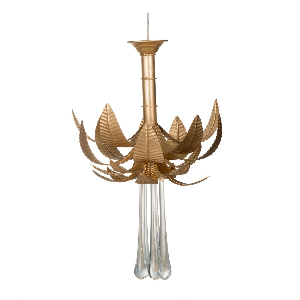 20 Inch Chandelier, Textured Leaves, Glass Clear Crystals, Modern, Gold