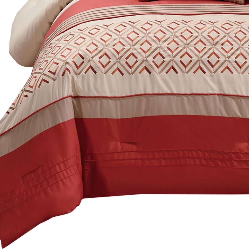 8 Piece King Polyester Comforter Set with Geometric Embroidery, Orange - View 2