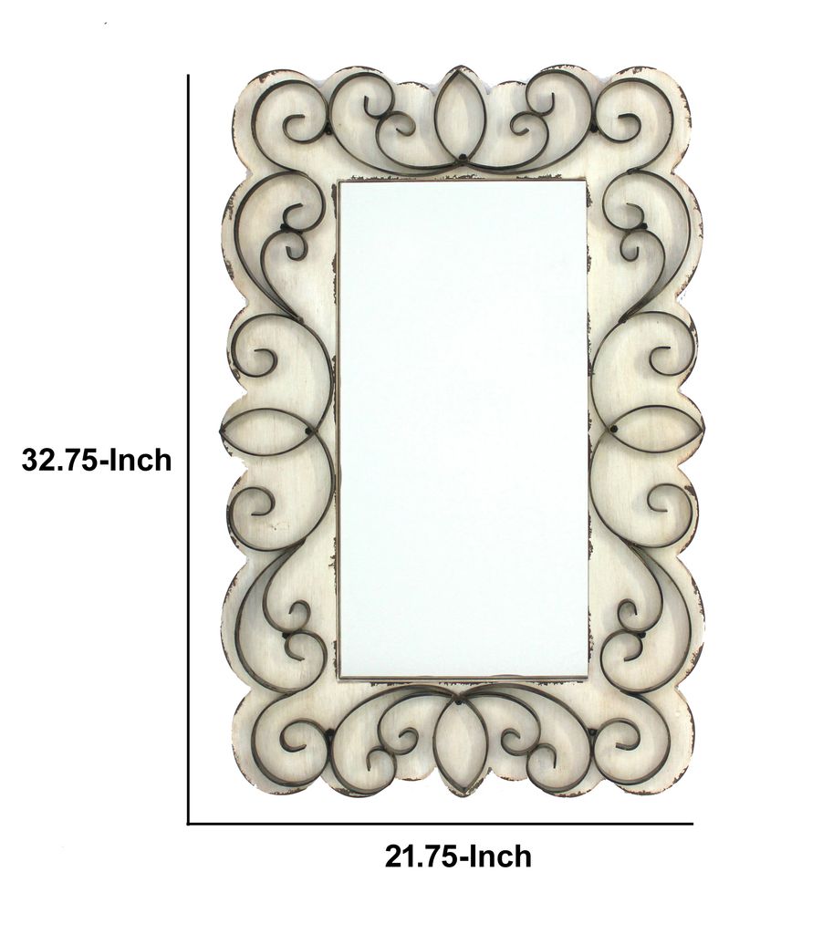 Rectangular Wall Mirror Set of 2 with Wooden Frame and Metal Scrolled edges, White - View 5