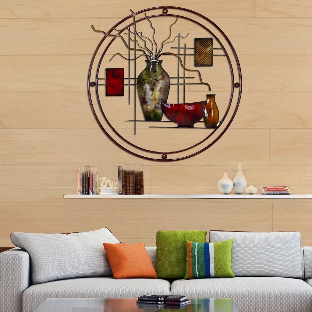 22 Inch Round Metal Wall Decor With Vase, Multicolor - View 5