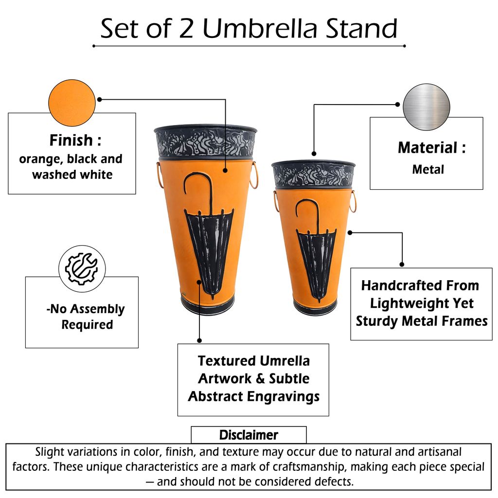 21, 16 Inch Metal Umbrella Stands, Engraved Artwork, Set of 2, Antique Brown, Black - View 7