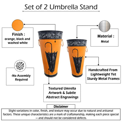 21, 16 Inch Metal Umbrella Stands, Engraved Artwork, Set of 2, Antique Brown, Black - View 7