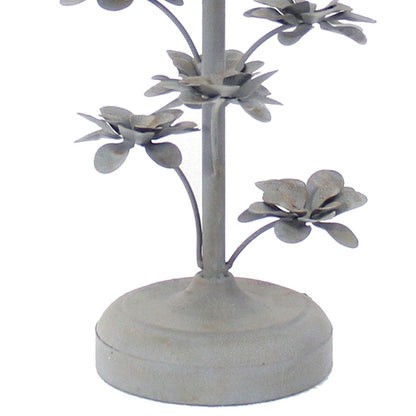 Flower Tree Design Metal Table Lamp Set of 2 with Tapered Drum Shade, Gray and Beige - View 2