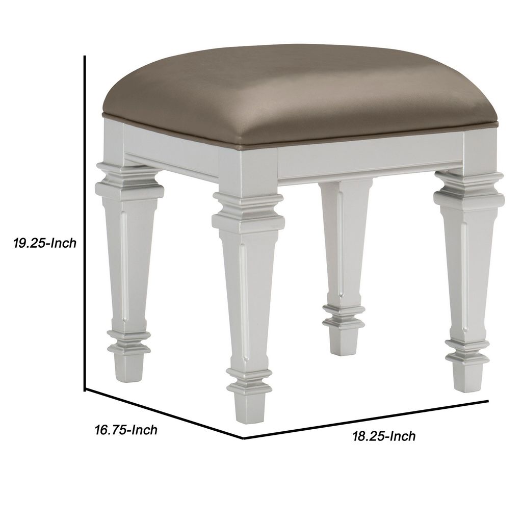 Leatherette Padded Vanity Stool with Tapered Legs and Molded Detail, Silver - View 5