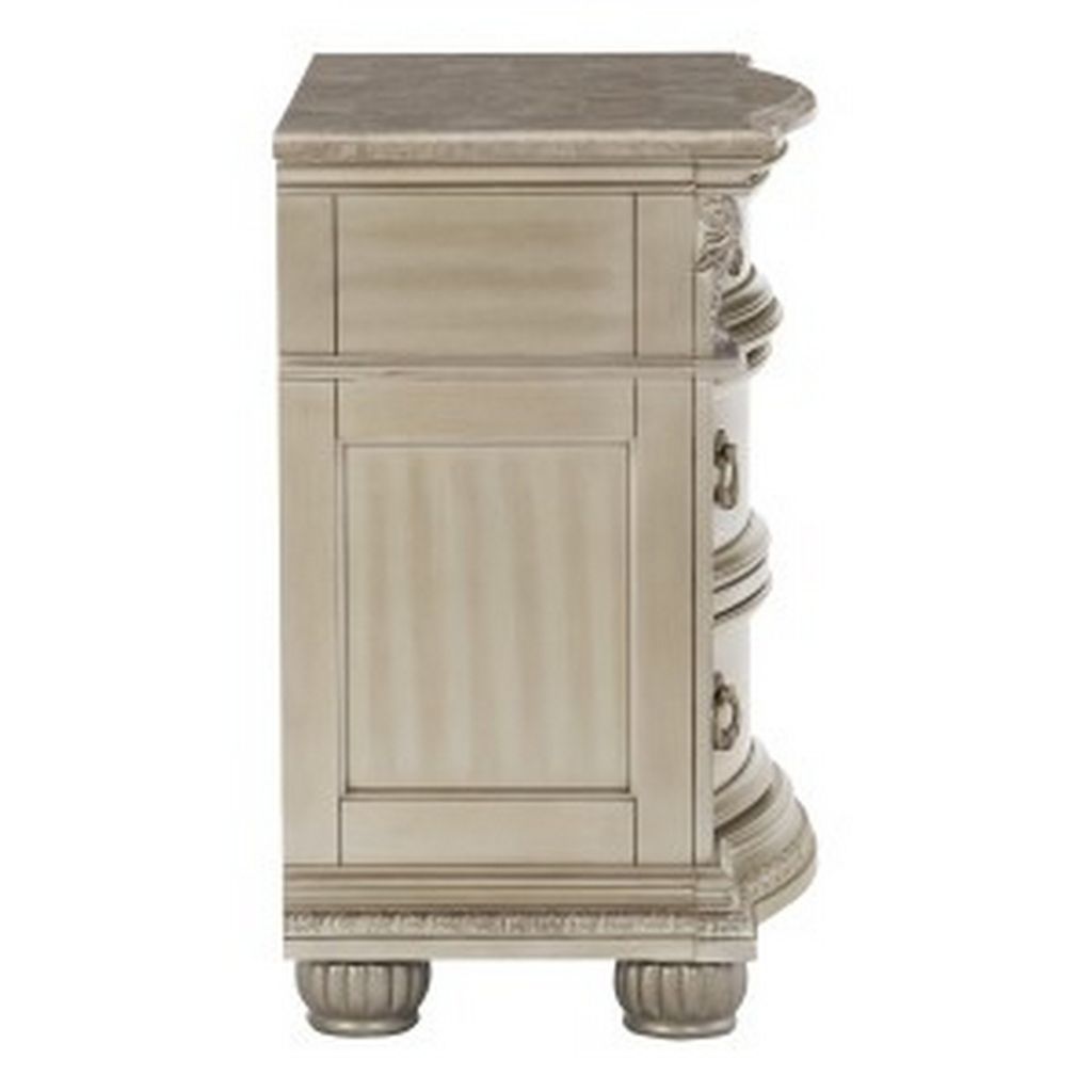 Caitlin 35 Inch 3 Drawer Nightstand with Marble Top, Leaf Carvings, Silver - View 3