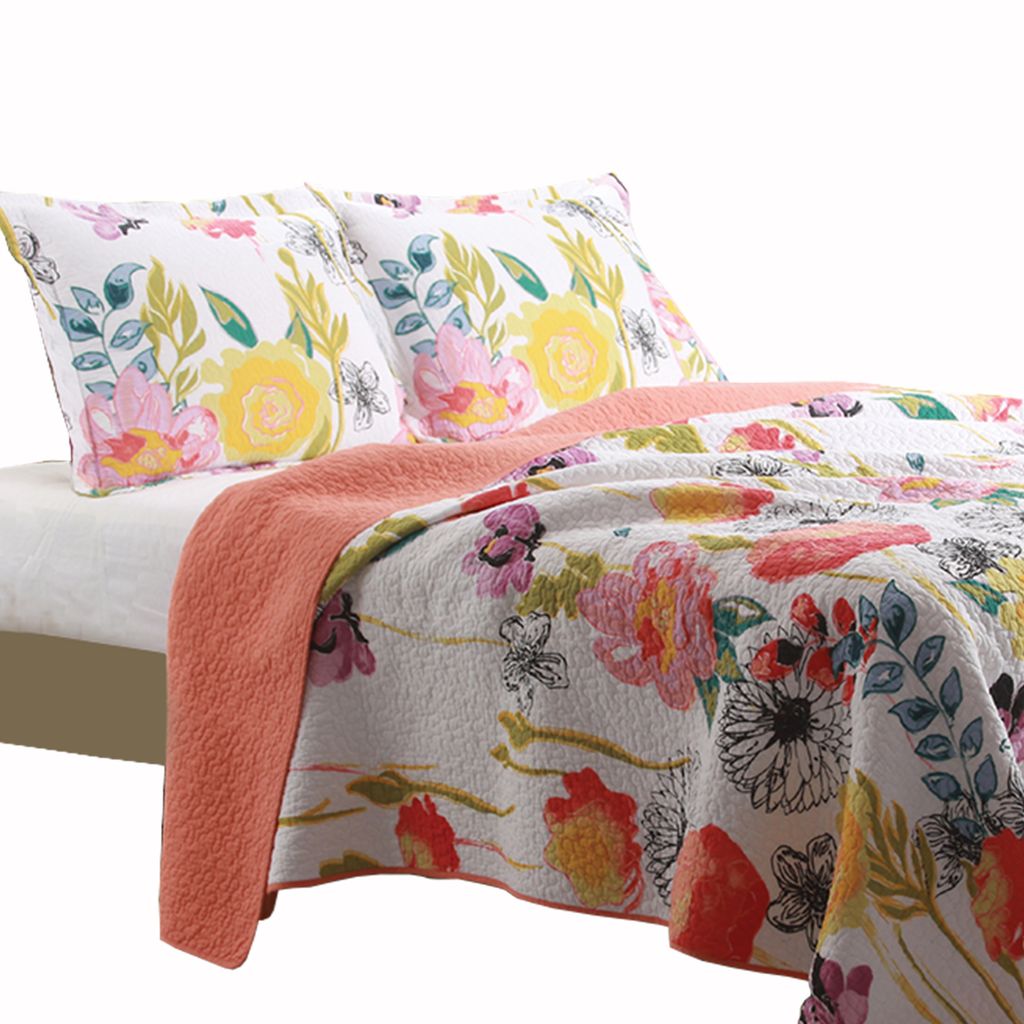 3 Piece Cotton Full Size Quilt Set with Stencil Flower Print, Multicolor - View 2