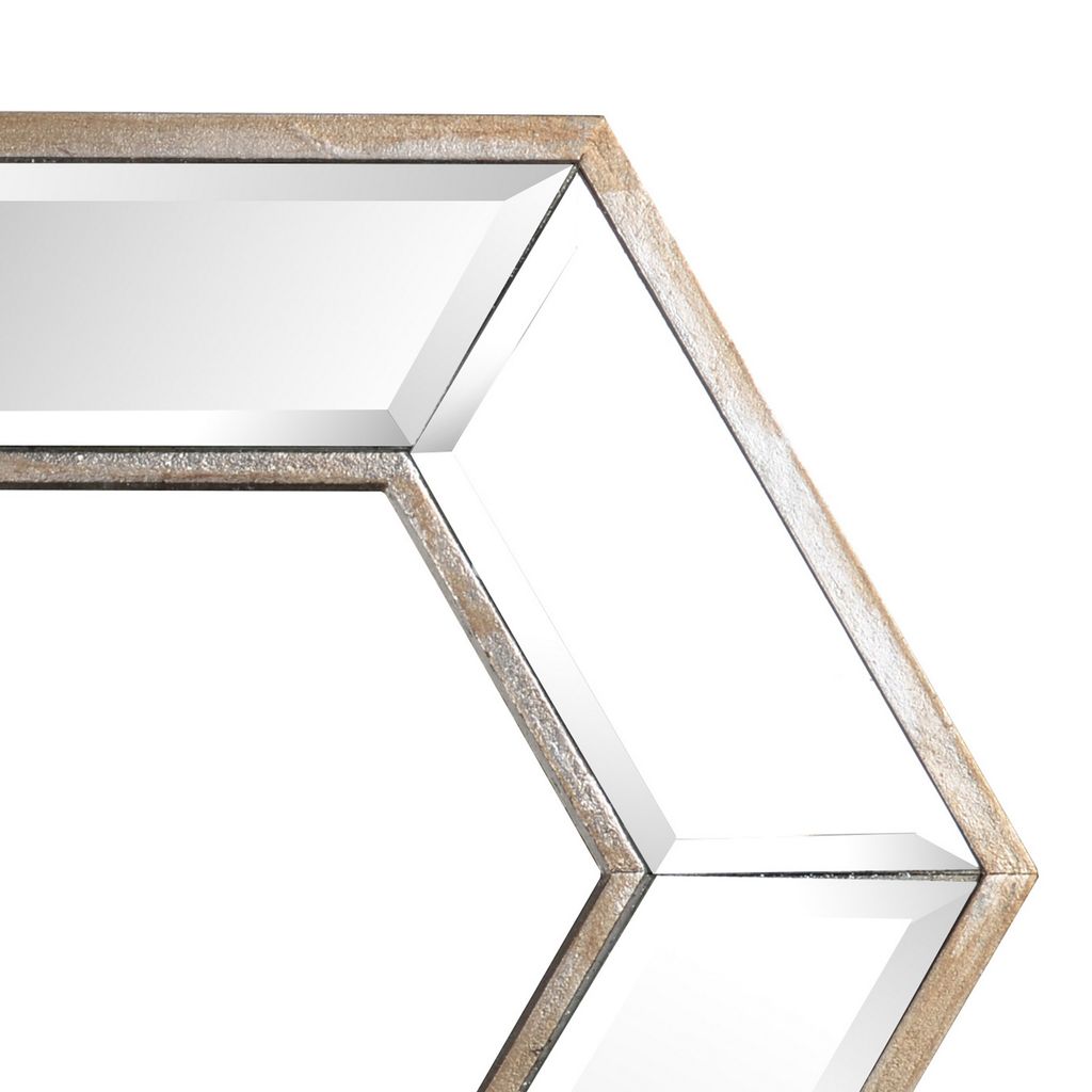 Toby 12 x 14 Inch Wall Mount Accent Mirror, Dual Hexagon Wood Frame, Brown - View 3