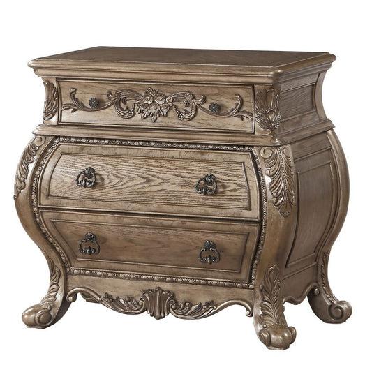 Nightstand, 3 Drawers with Antique Handles, Scrolled Legs, Vintage Oak Brown