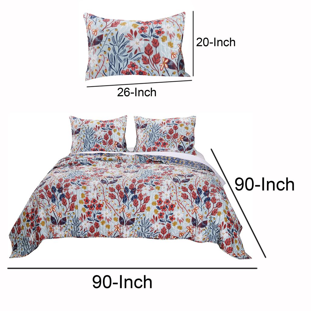 Full Size 3 Piece Polyester Quilt Set with Floral Prints, Multicolor - View 5