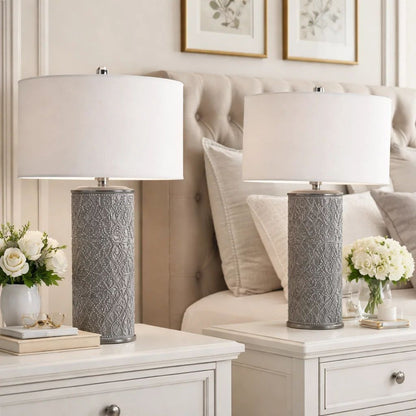 29 Inch Accent Table Lamp Set of 2, Tall Cylinder, Ball Finial Accent, Gray - View 7