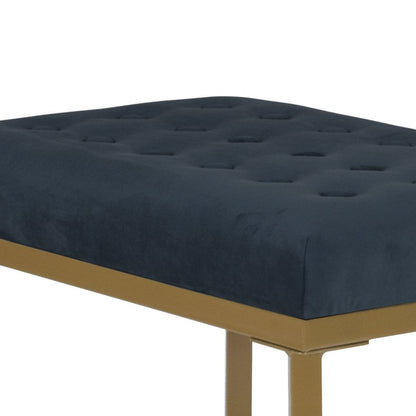 Metal Framed Bench with Button Tufted Velvet Upholstered Seat, Dark Blue and Gold - View 3
