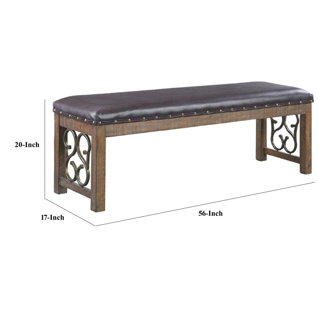 Ral 56 Inch Solid Wood Padded Bench, Metal Scroll Design, Nailhead, Brown - View 6