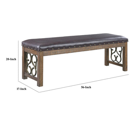 Ral 56 Inch Solid Wood Padded Bench, Metal Scroll Design, Nailhead, Brown - View 6