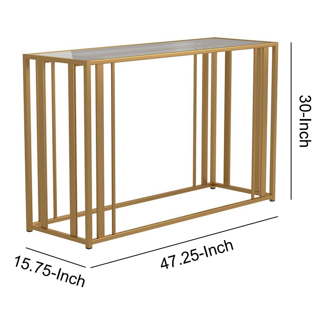 Glass Top Sofa Table with Metal Tubular Base, Brass - View 6